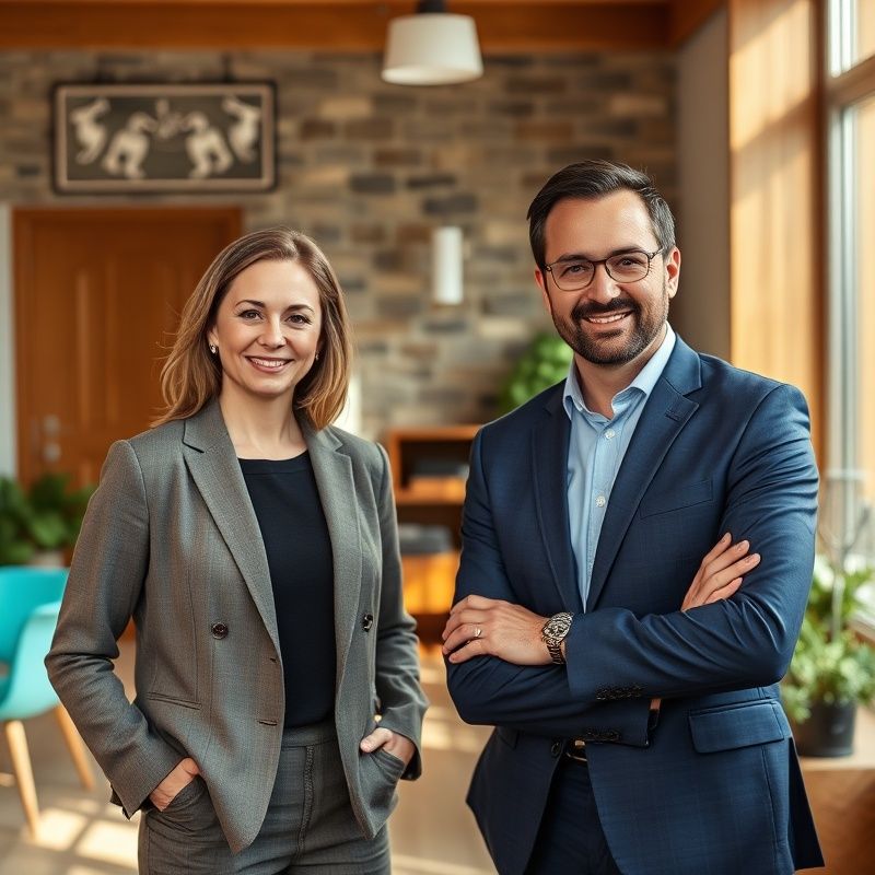 Portret dveh svetovalcev v svetli pisarni z leseno in kamnito notranjostjo